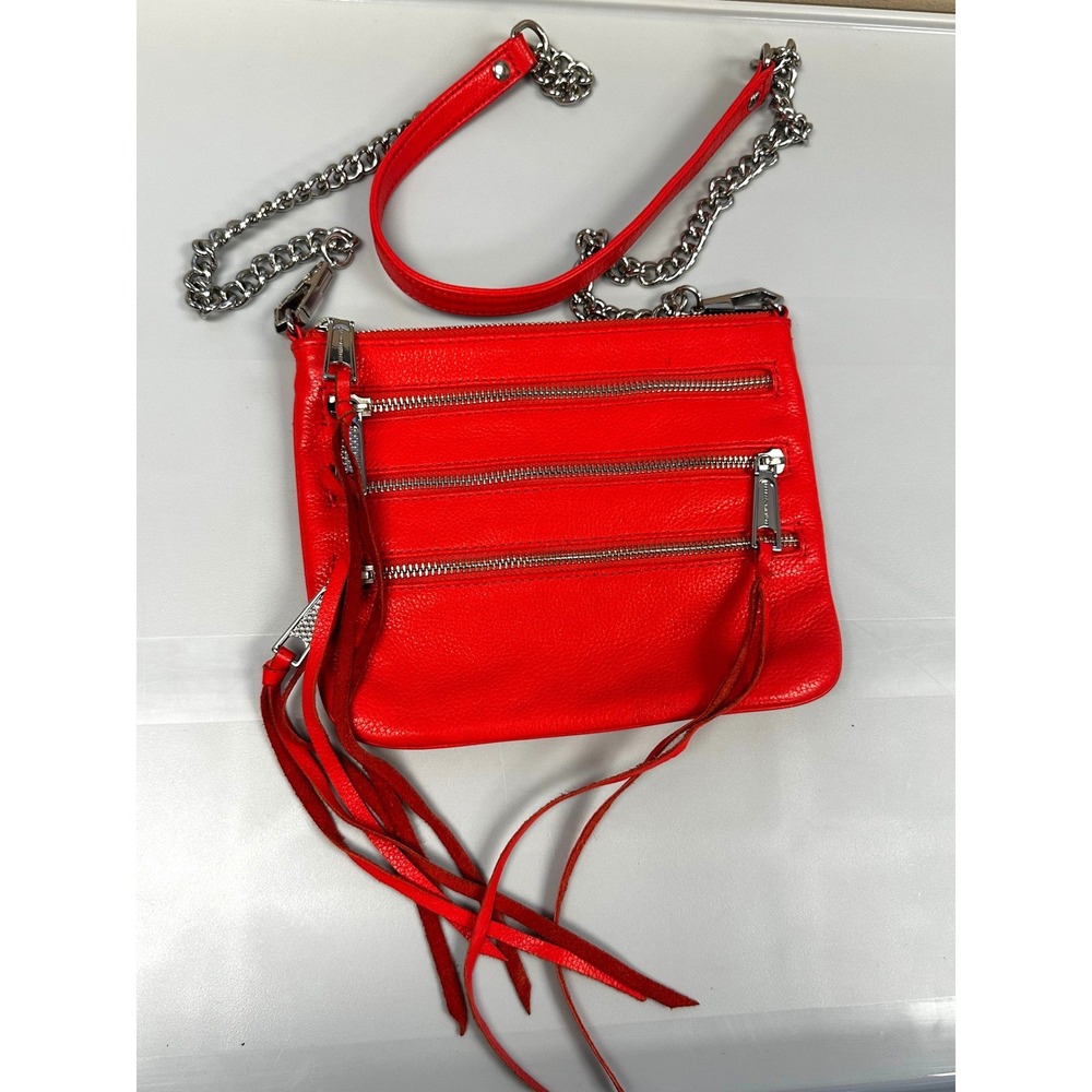 Rebecca Minkoff 3 Zip Avery Moto Crossbody Bag Red Leather Fringe Chain Strap